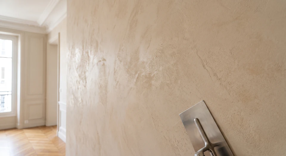Gros plan sur un mur intérieur montrant l'application professionnelle d'un enduit décoratif texturé de haute qualité. La surface du mur révèle des reliefs fins et reguliers, avec des nuances de couleur subtiles (teintes chaudes ou neutres) créant de la profondeur et de la matière. La lumière naturelle illumine les textures pour en souligner la finition soignée et artisanale. Un outil de professionnel (spatule, truelle) peut être visible dans le cadre, suggérant le travail en cours. L'arrière-plan montre une partie de la pièce, confirmant le contexte intérieur (maison moderne ou traditionnelle). L'image transmet le professionnalisme, la précision et la qualité du revêtement mural personnalisé.