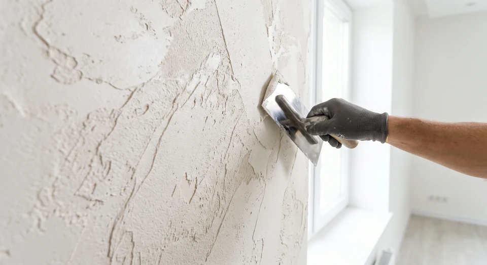 Artisan plâtrier-peintre professionnel travaillant sur un mur intérieur, appuyé contre la paroi avec une taloche ou spatule à la main, dans un intérieur de chantier en cours de rénovation. L'artisan porte des vêtements de travail appropriés et se concentre sur la finition murale avec enduit. L'image doit montrer clairement le contexte du travail artisanal de préparation et finition murale, l'engagement professionnel de l'artisan, et le caractère direct et personnel de son intervention.
